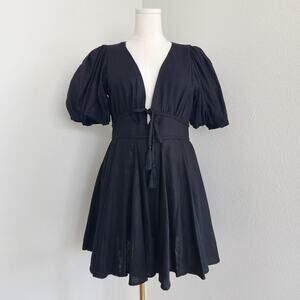 House of Harlow 1960 Black Linen Blend Puff Sleeve Mini Dress Tassel Tie Size 8
